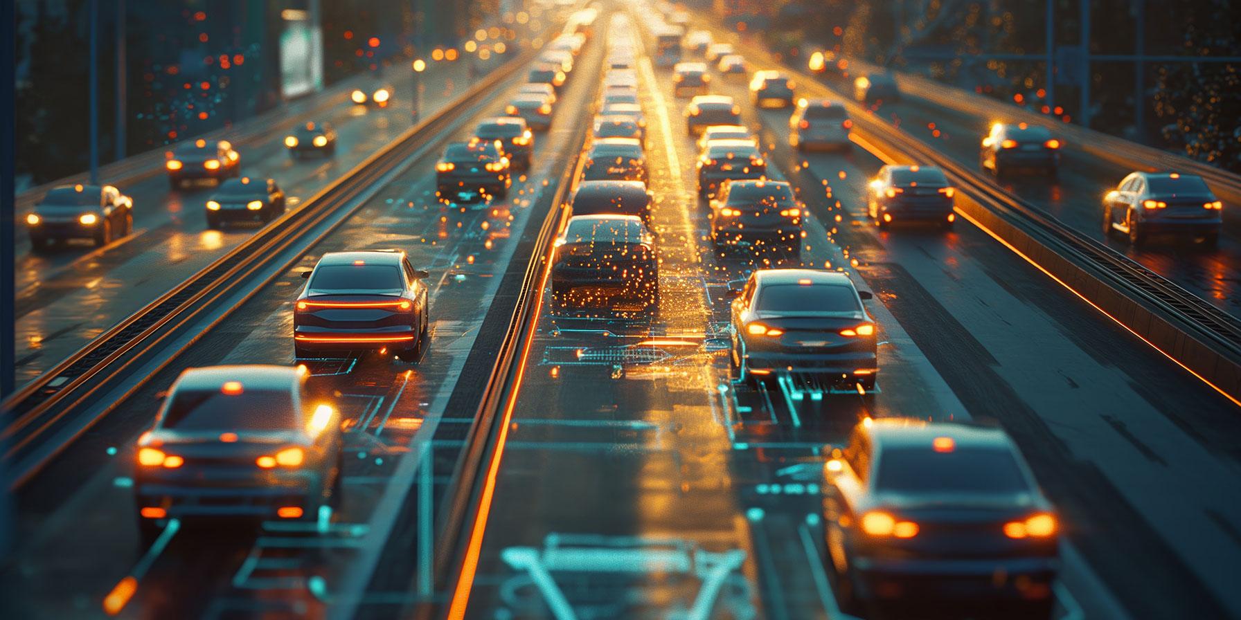 Autonomous vehicles on busy city highway during sunset, in a futuristic setting, AI detection concept