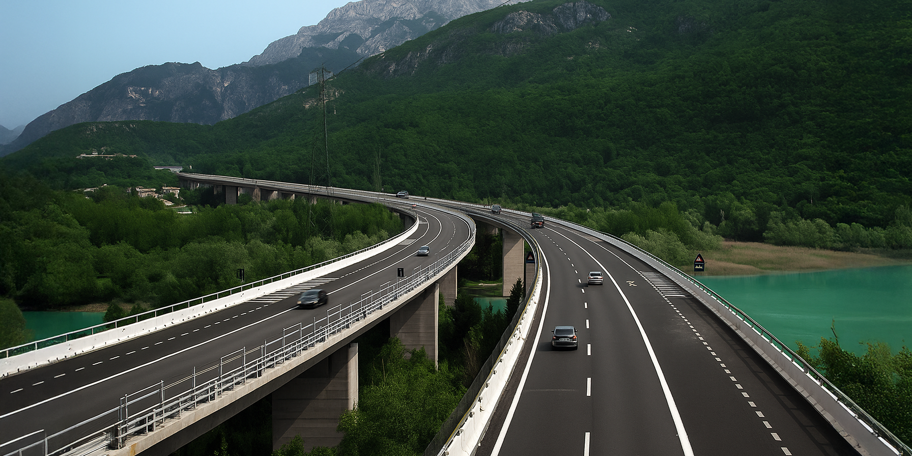Curved highway bridge stretches over a green valley and turquoise water, surrounded by forested mountains