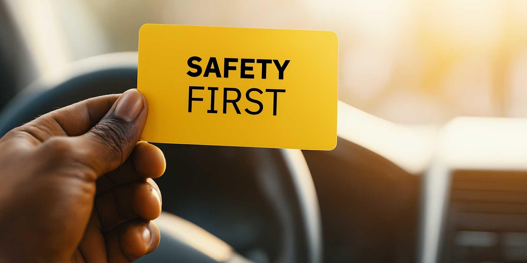 Hand holding a yellow "Safety First" card inside a car
