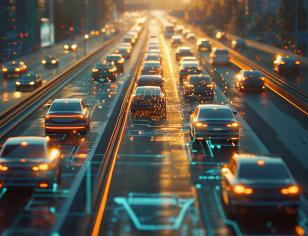 Autonomous vehicles on busy city highway during sunset, in a futuristic setting, AI detection concept
