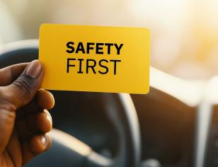Hand holding a yellow "Safety First" card inside a car