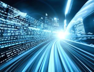 Futuristic city with light trails and binary code, symbolizing fast data flow